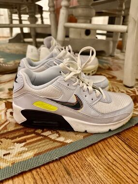 Nike Air Youth White Mesh Sneakers with Neon Yellow Accent and Multicolor Swoosh